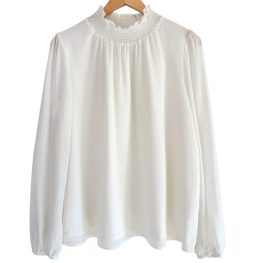 NEW J. Crew Smocked Neck Long-Sleeve Blouse Cream Lined Women’s Size Small